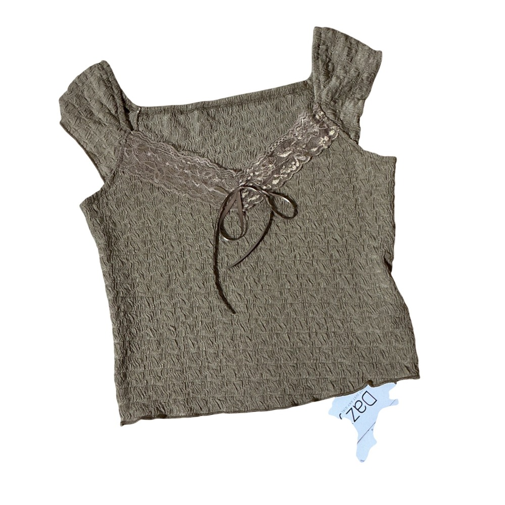 Dazy Womens Smocked Lace Trim Bow Tank Top Brown Size L NEW